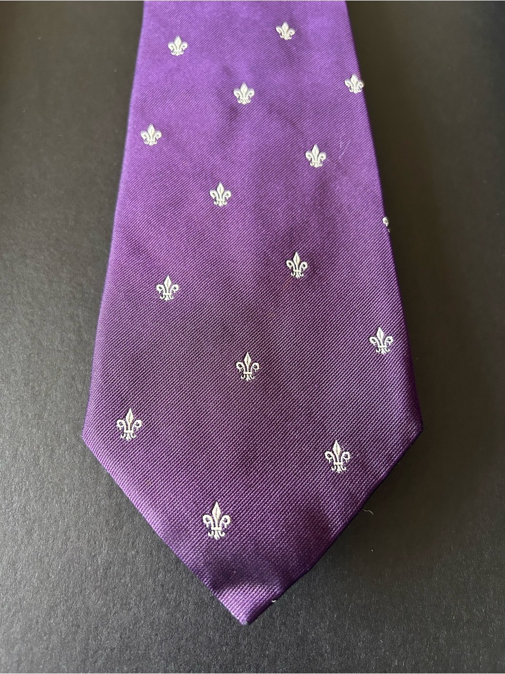 Ralph Lauren Purple Label Purple Silk Tie with Silver Fleur-de-Lis Motif